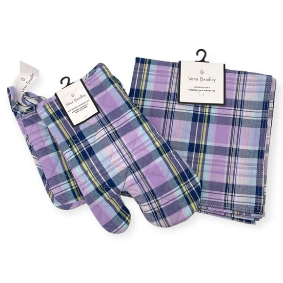 ~Vera Bradley Cotton Napkin & Oven Mitt Set in Amethyst Plaid NWT - Picture 1 of 8